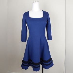 ModCloth Royal Blue Midi Dress Fit and Flare Square Neckline 3/4 Sleeve